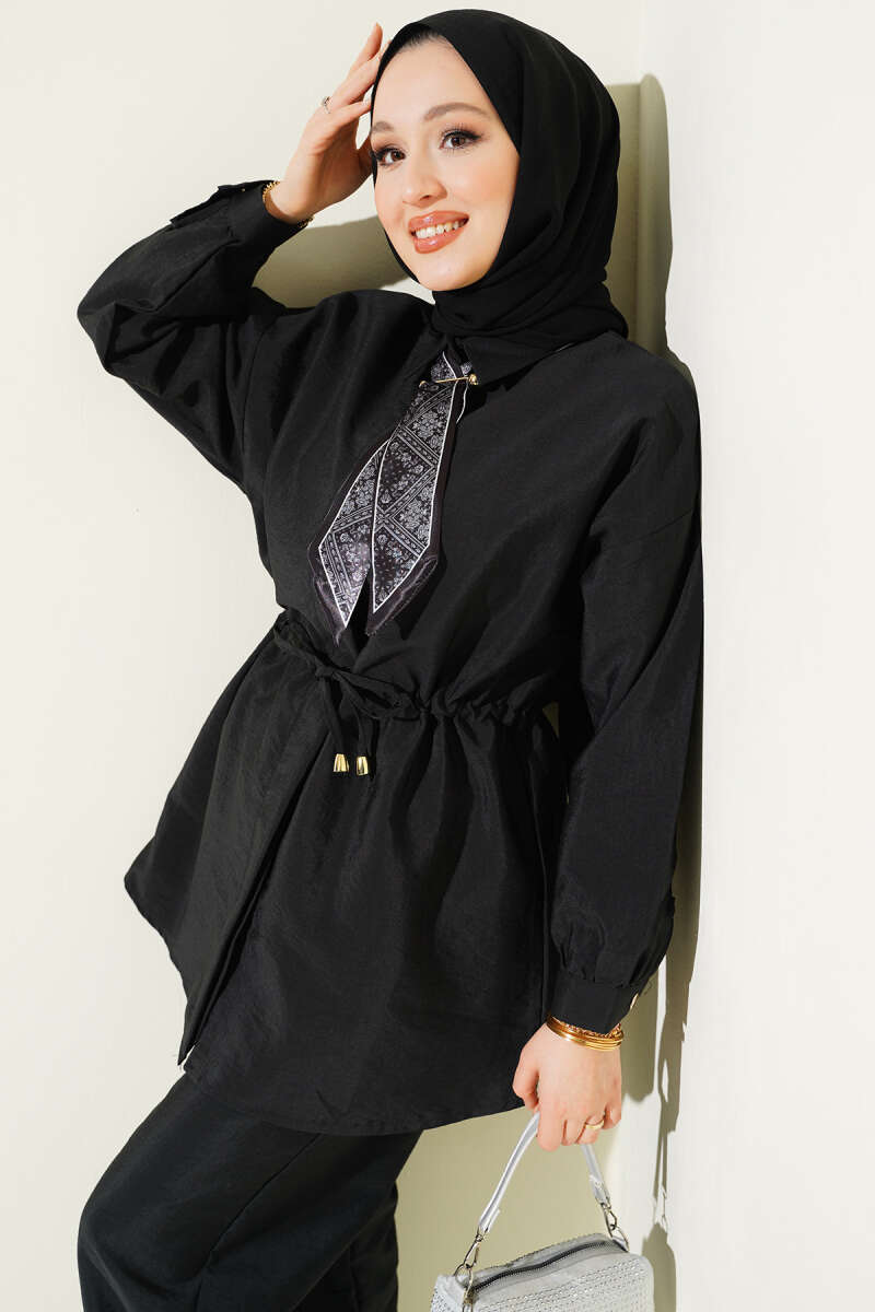 Parachute Two-Piece Set with Scarf and Drawstring Waist - Black