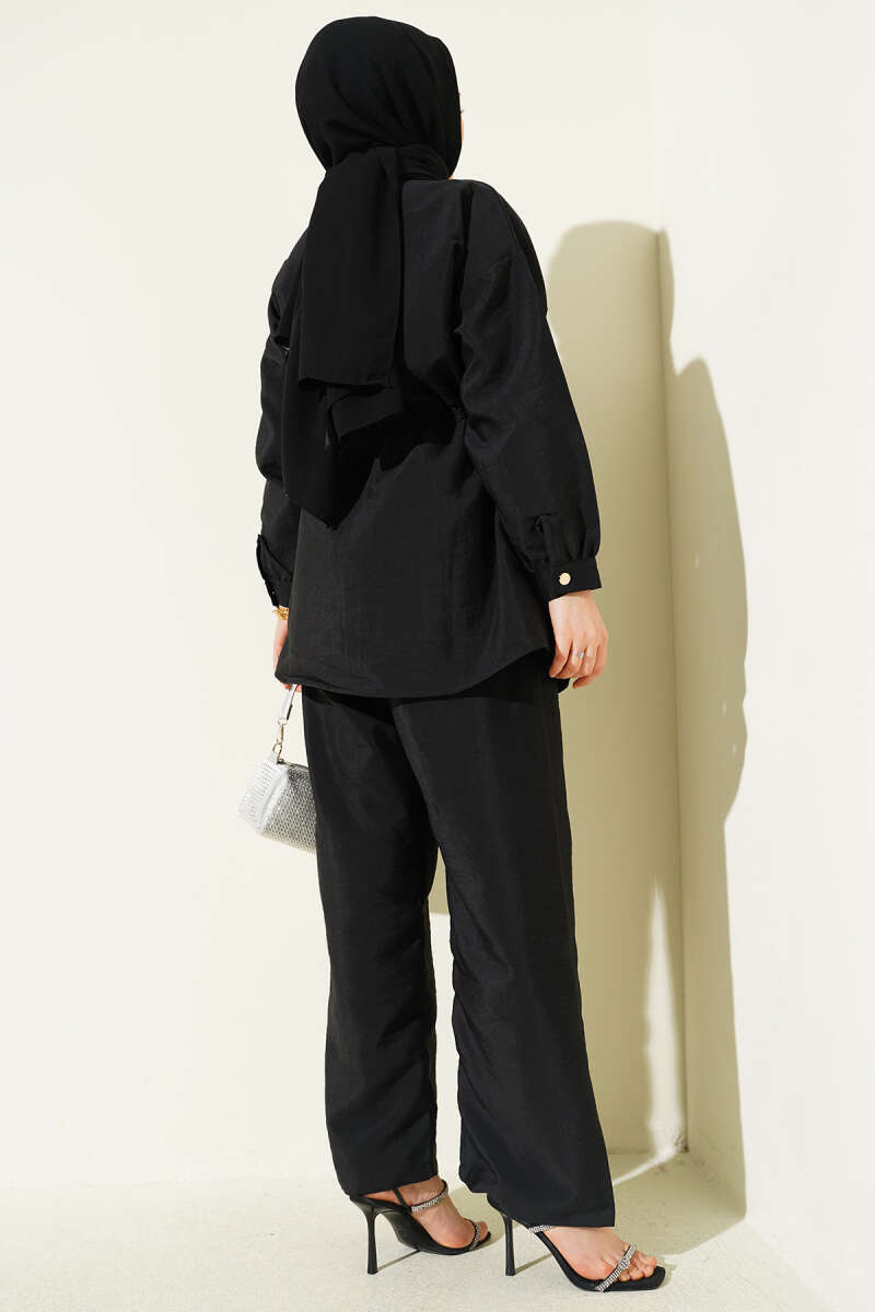 Parachute Two-Piece Set with Scarf and Drawstring Waist - Black