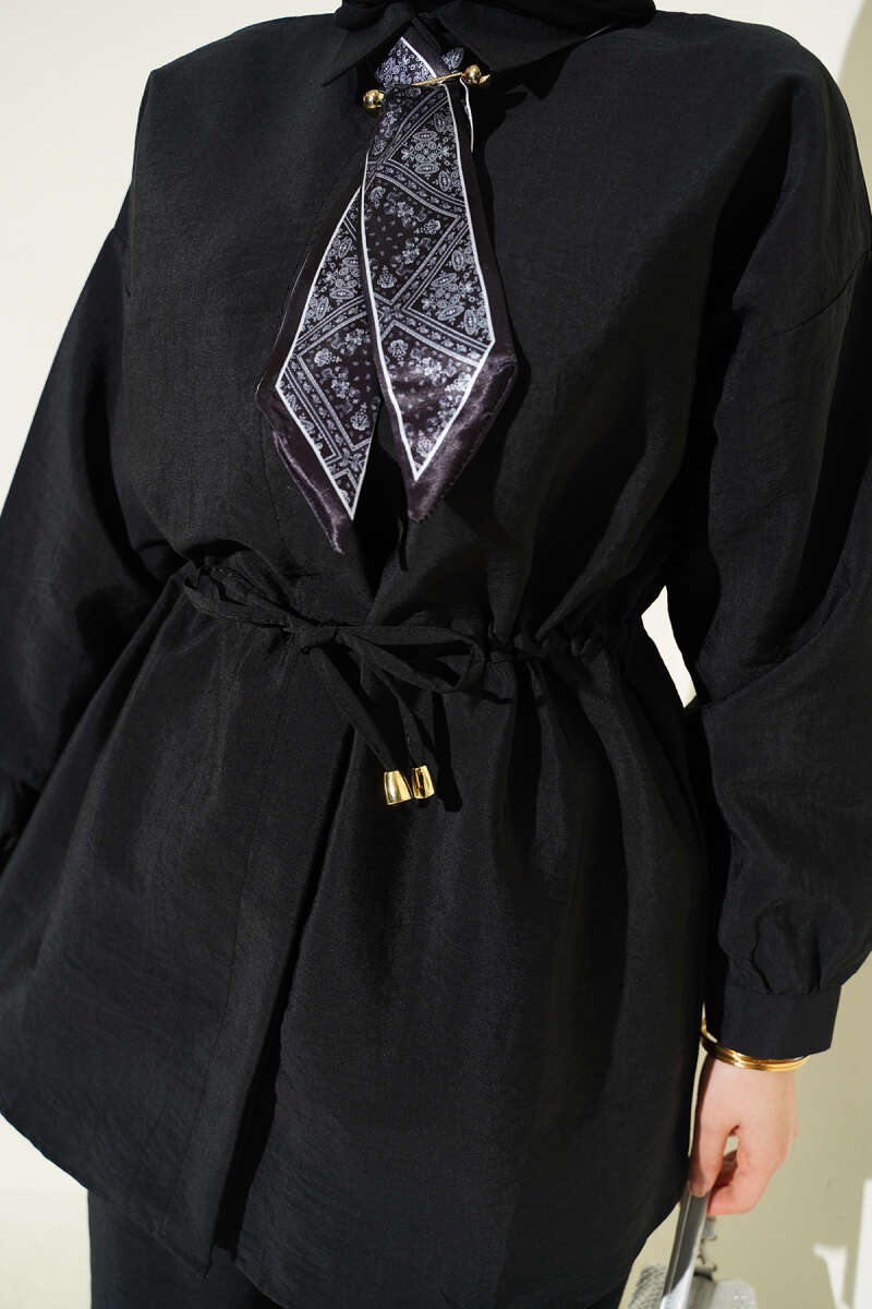 Parachute Two-Piece Set with Scarf and Drawstring Waist - Black