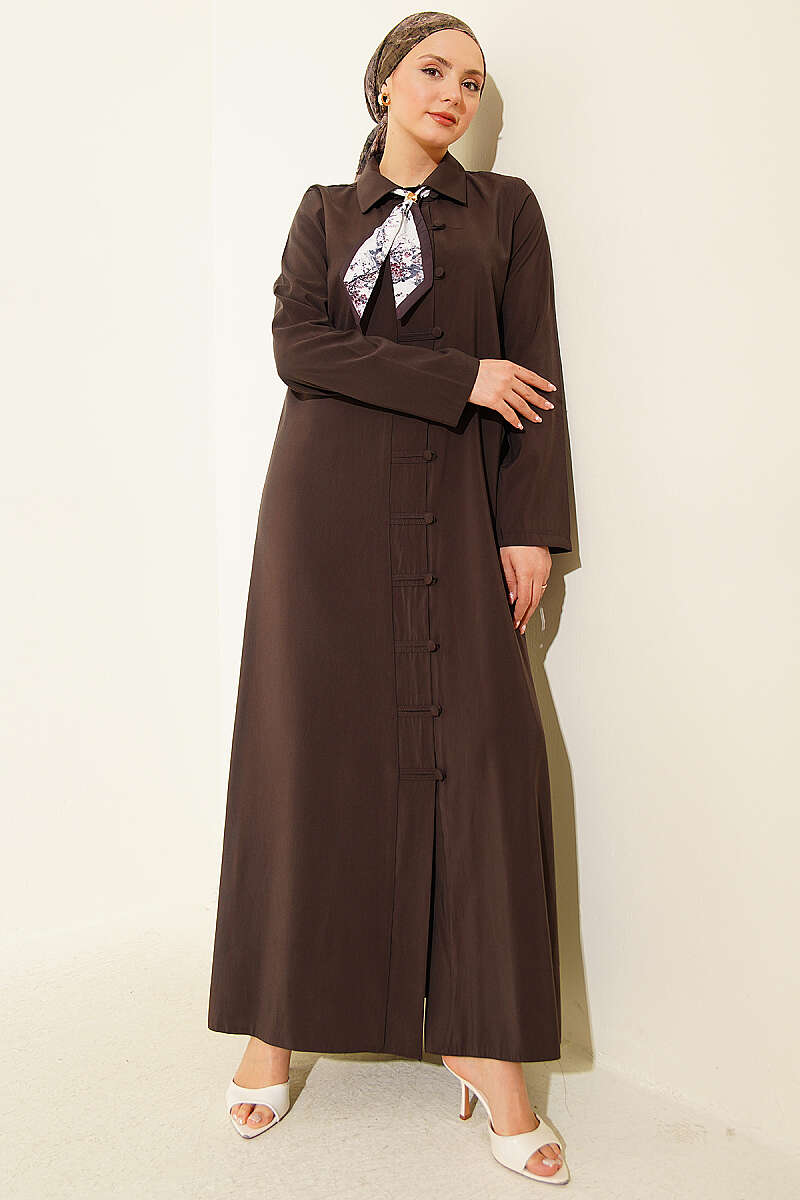 Modal Dress with Rivet Buttons and Scarf - Dark Brown