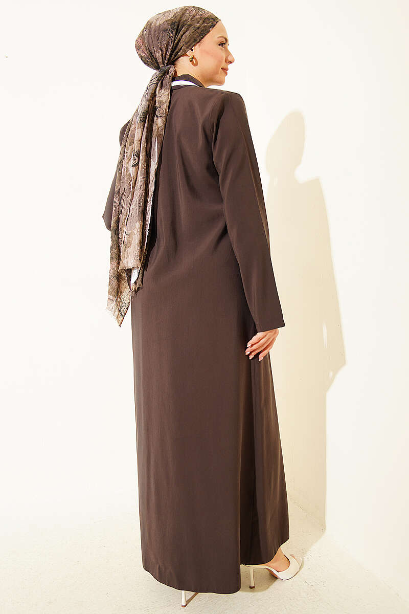 Modal Dress with Rivet Buttons and Scarf - Dark Brown