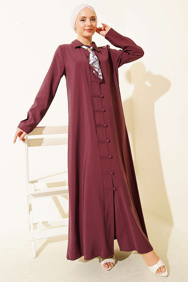 Modal Dress with Rivet Buttons and Scarf - Burgundy