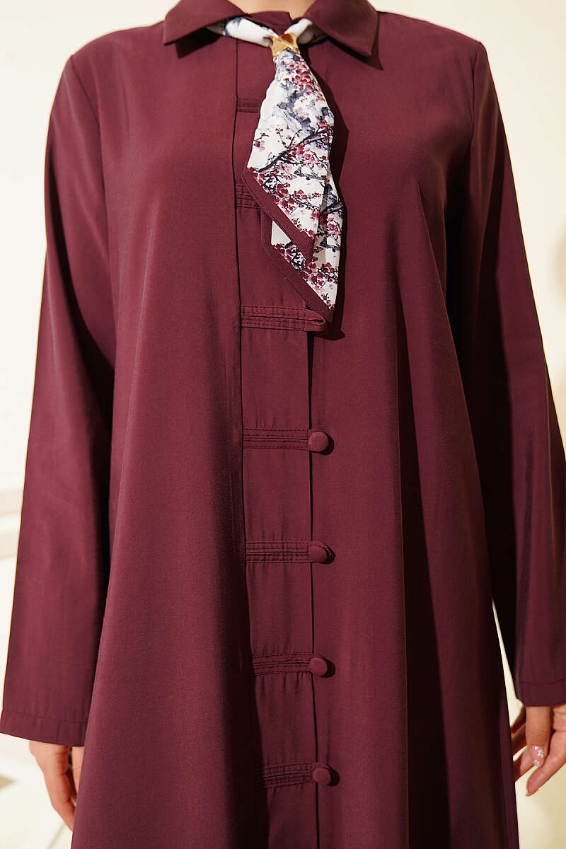 Modal Dress with Rivet Buttons and Scarf - Burgundy