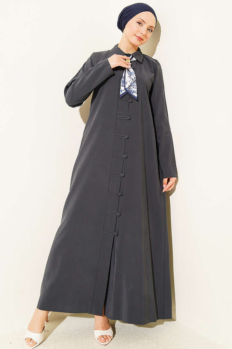 Modal Dress with Rivet Buttons and Scarf - Smoke Grey