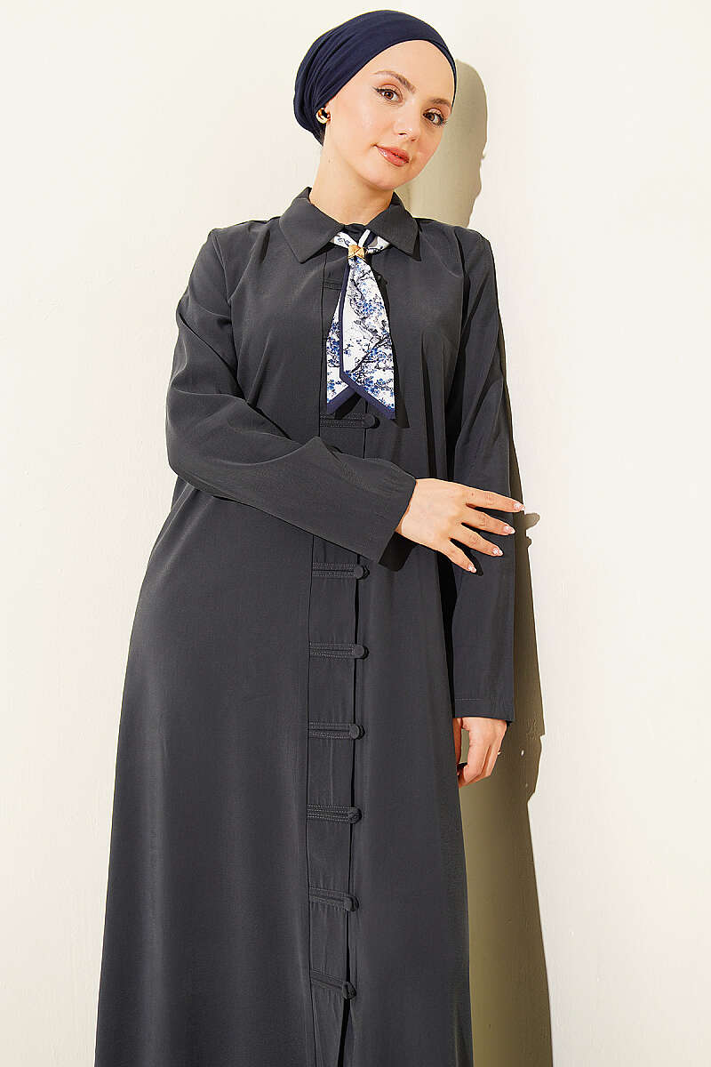 Modal Dress with Rivet Buttons and Scarf - Smoke Grey