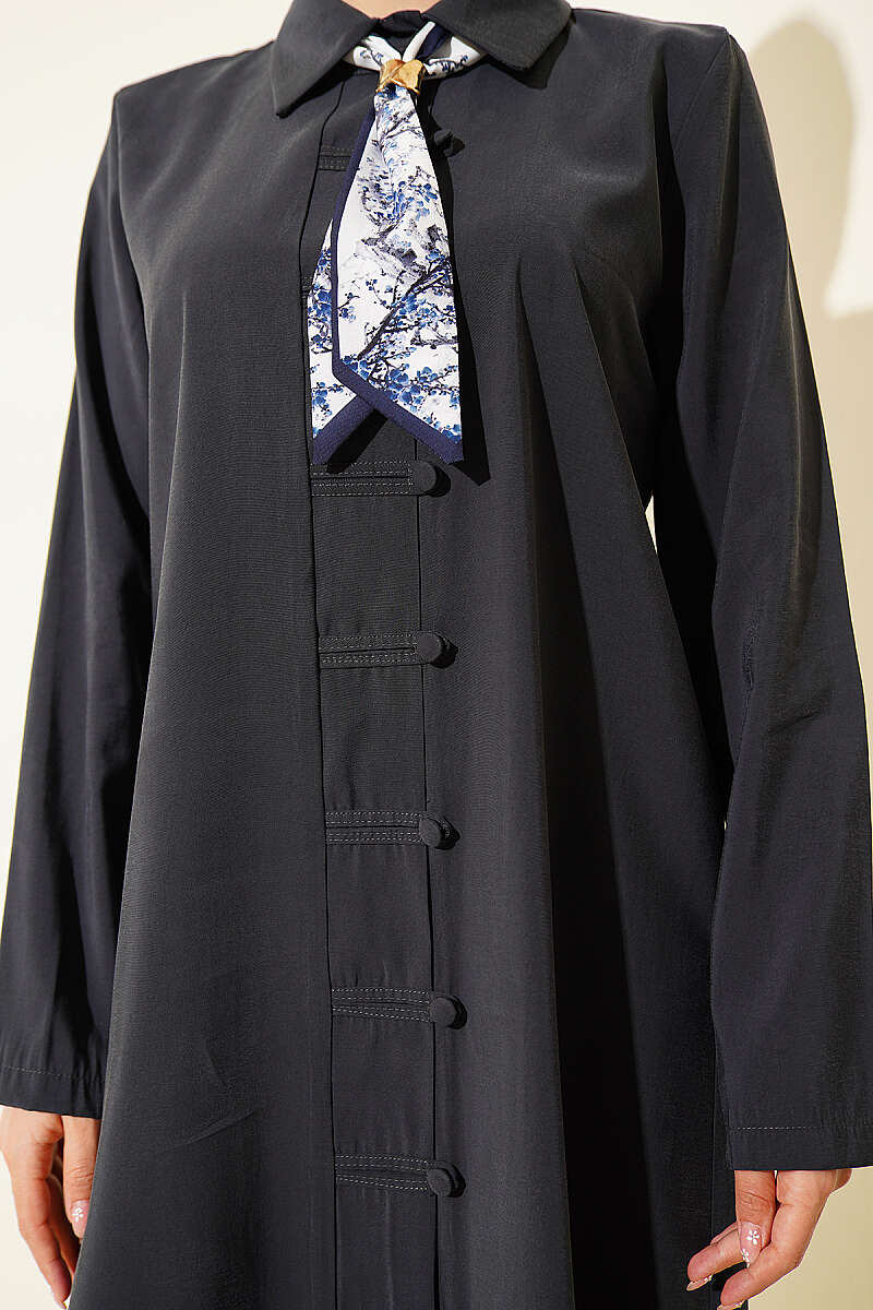 Modal Dress with Rivet Buttons and Scarf - Smoke Grey