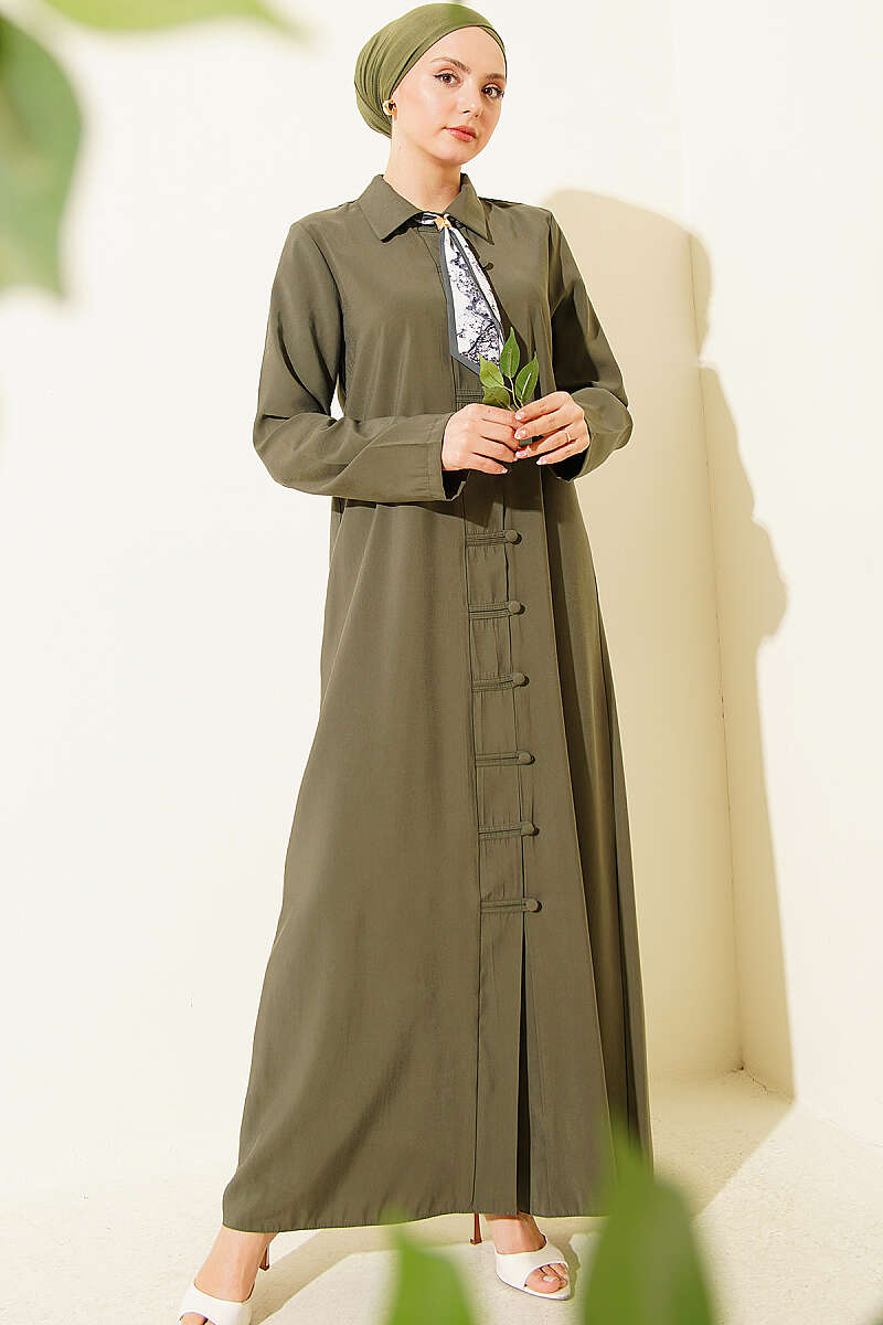 Modal Dress with Rivet Buttons and Scarf - Khaki