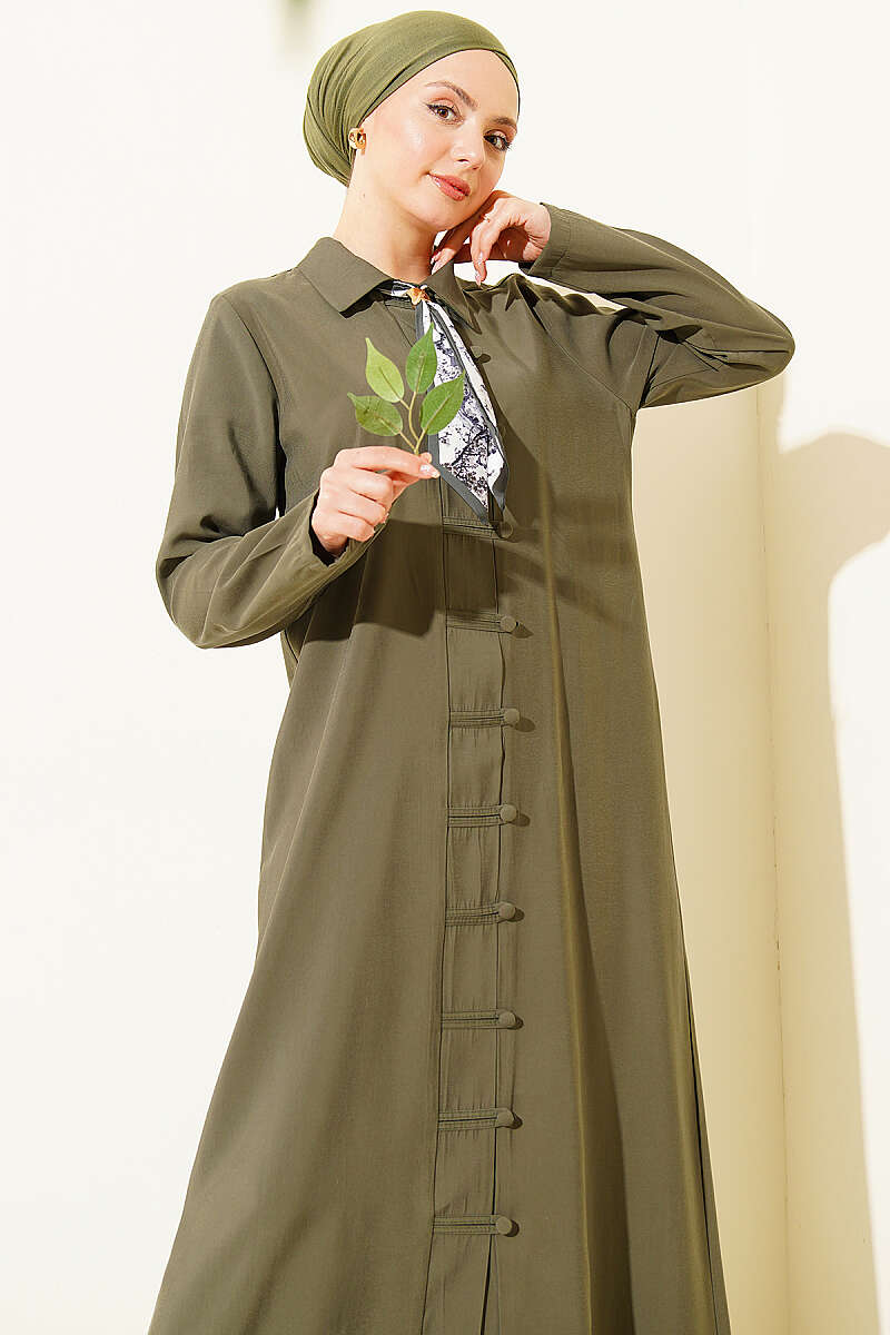 Modal Dress with Rivet Buttons and Scarf - Khaki