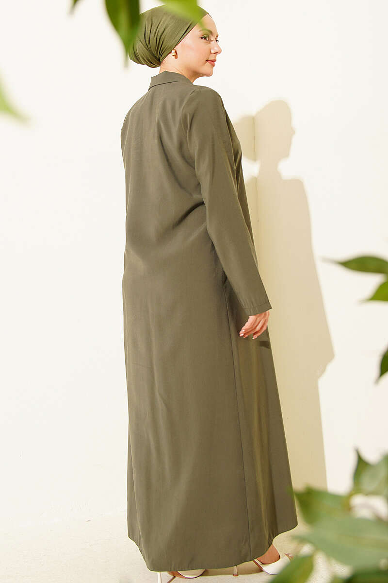 Modal Dress with Rivet Buttons and Scarf - Khaki