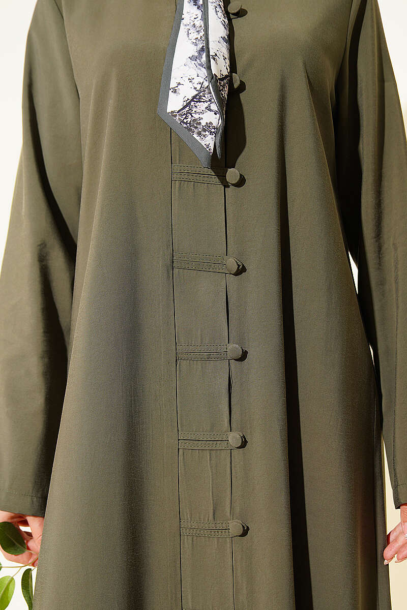 Modal Dress with Rivet Buttons and Scarf - Khaki