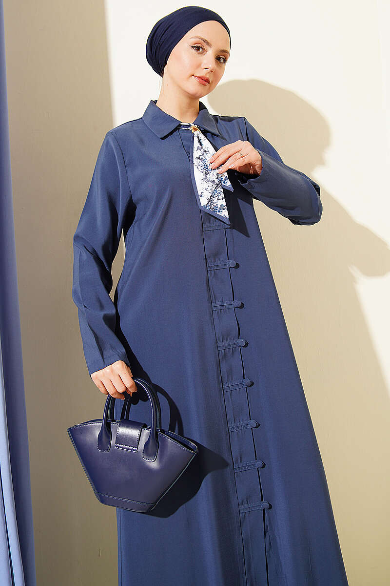 Modal Dress with Rivet Buttons and Scarf - Navy