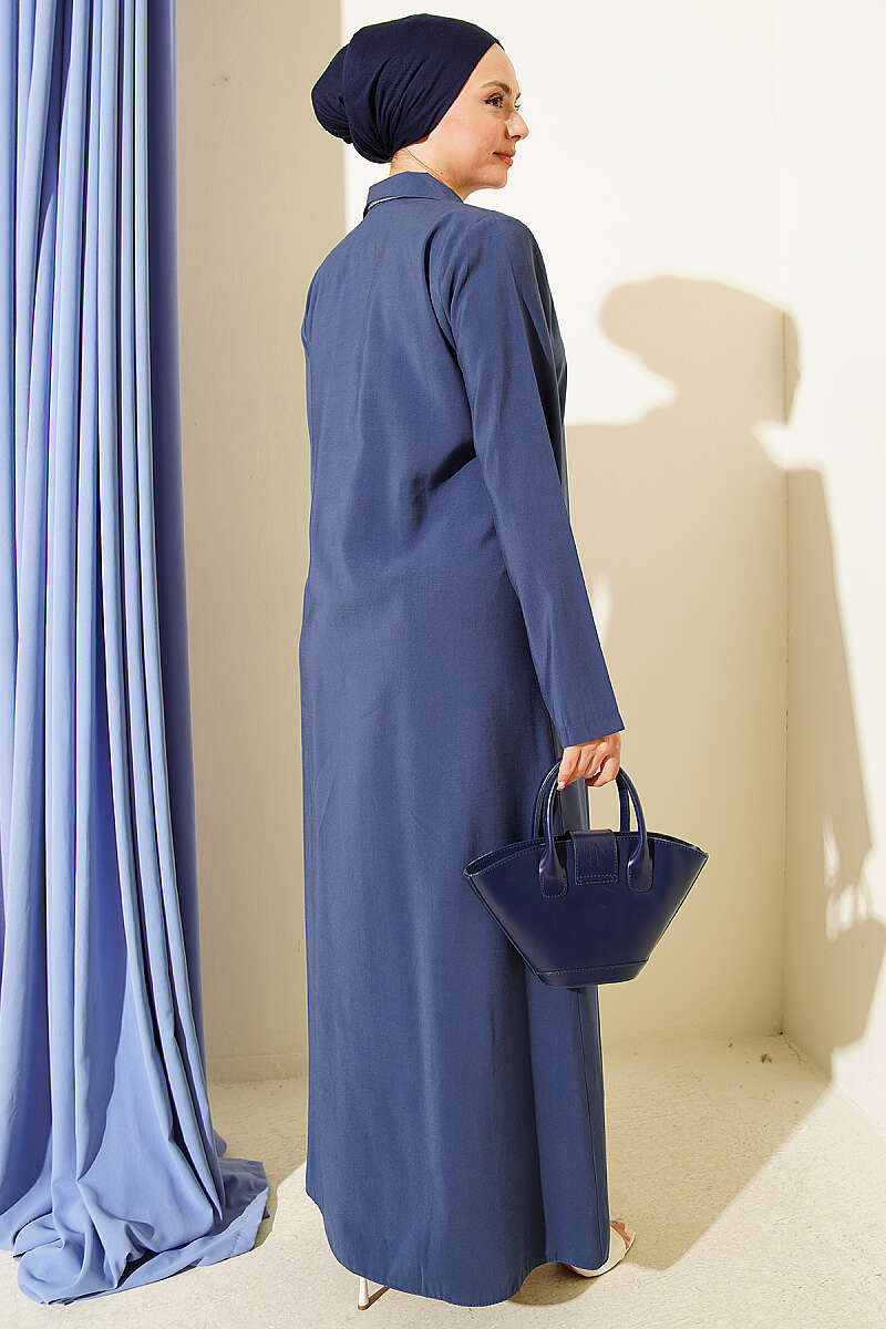 Modal Dress with Rivet Buttons and Scarf - Navy
