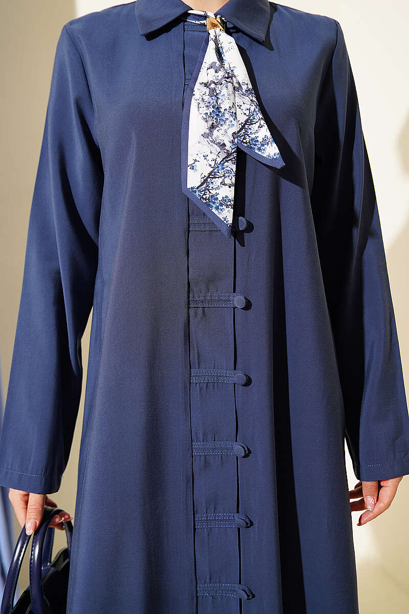 Modal Dress with Rivet Buttons and Scarf - Navy