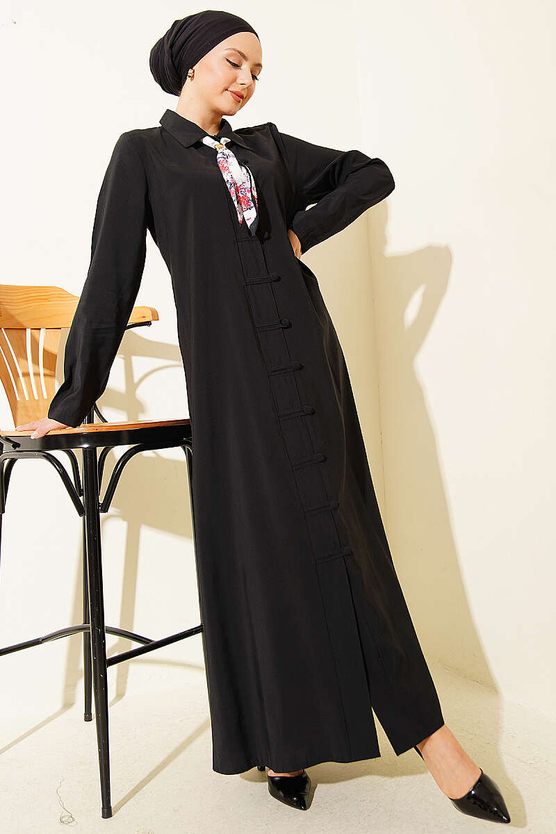 Modal Dress with Rivet Buttons and Scarf - Black