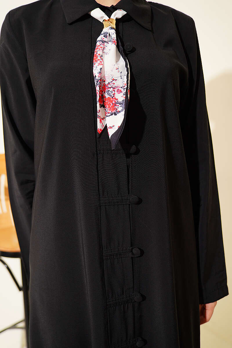 Modal Dress with Rivet Buttons and Scarf - Black
