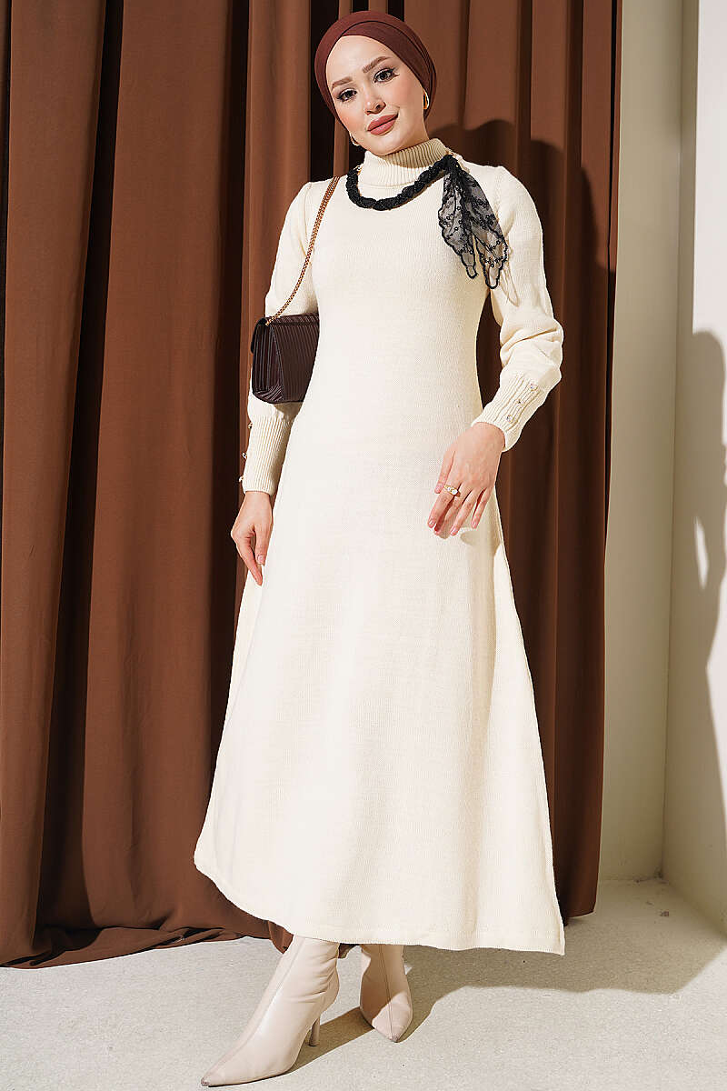 Knit Dress with Scarf Detail - Beige