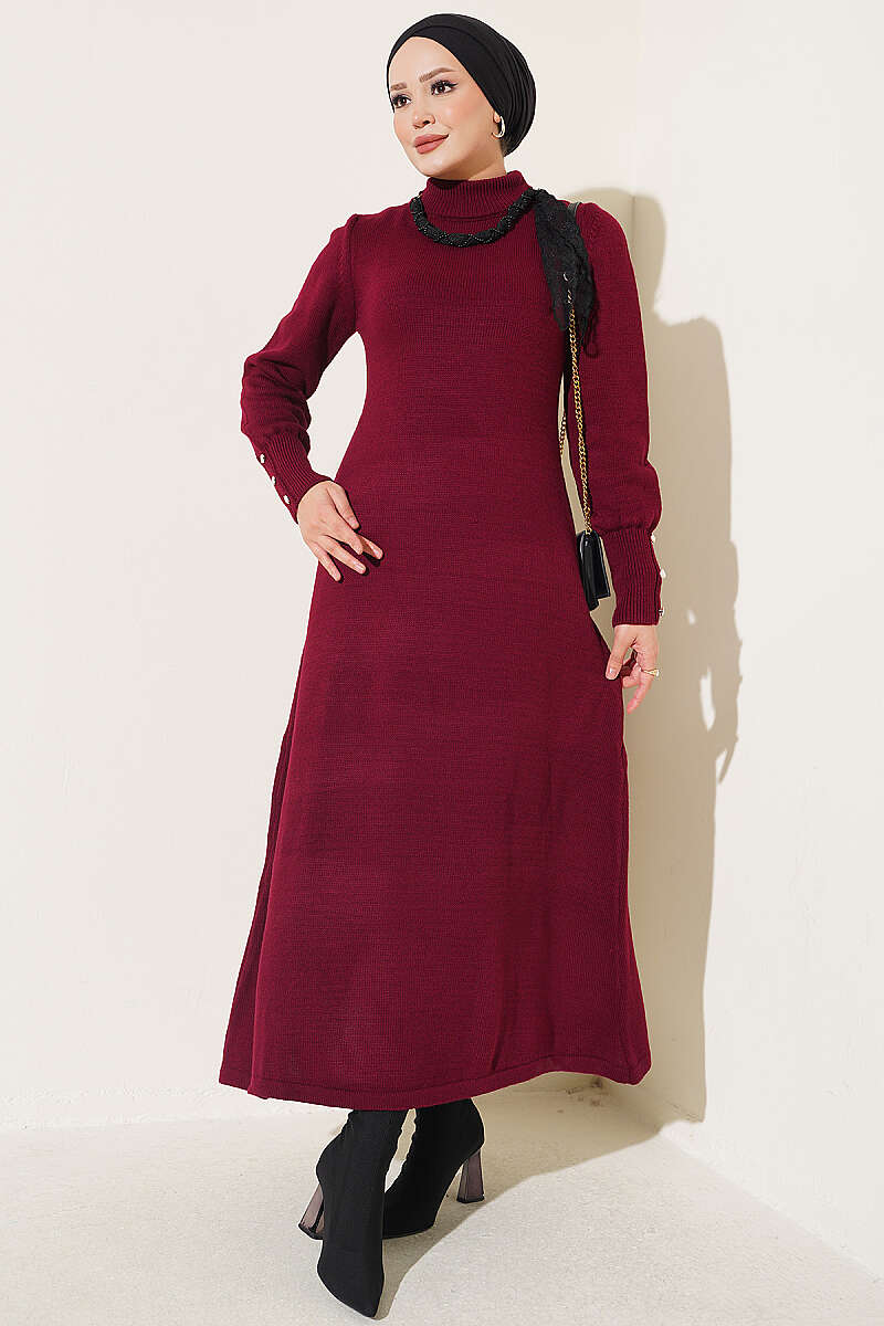 Knit Dress with Scarf Detail - Burgundy