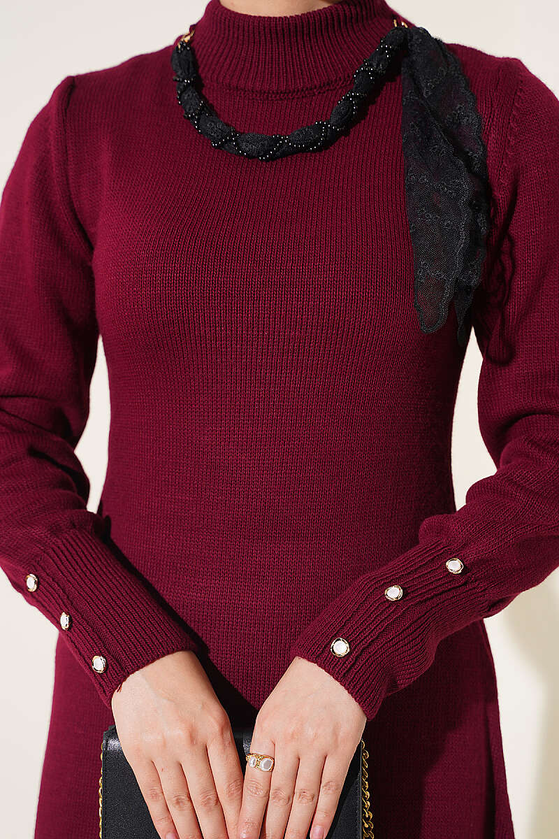 Knit Dress with Scarf Detail - Burgundy
