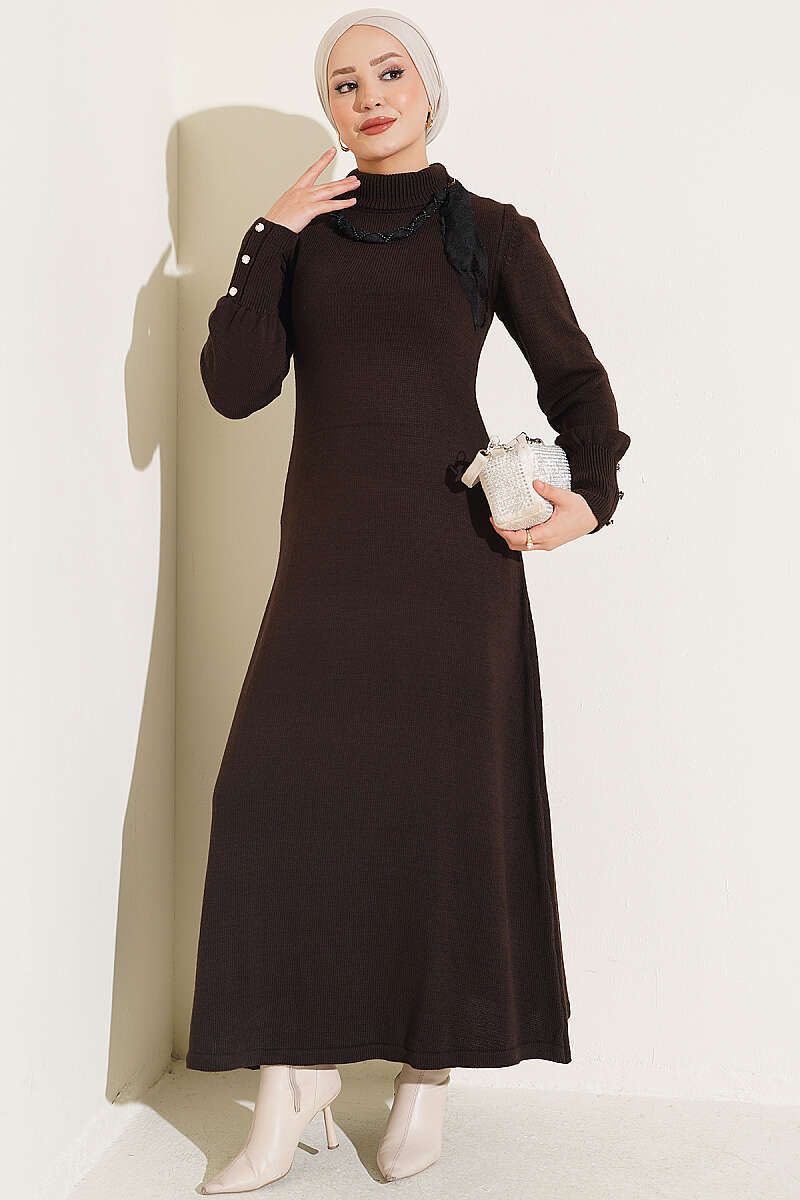 Knit Dress with Scarf Detail - Brown