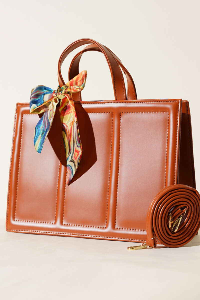 Rectangular Bag with Scarf and Soft Finish - Tan