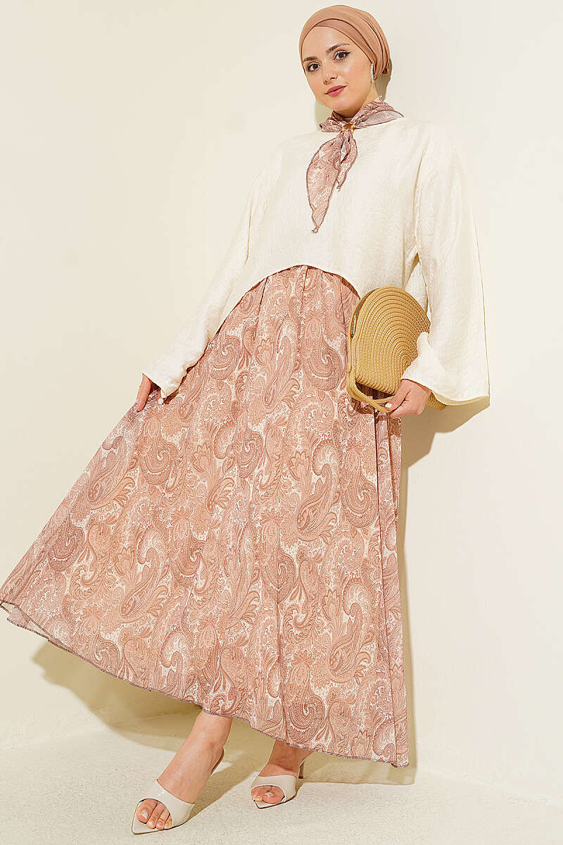 Ethnic Print Skirt Set with Scarf - Camel