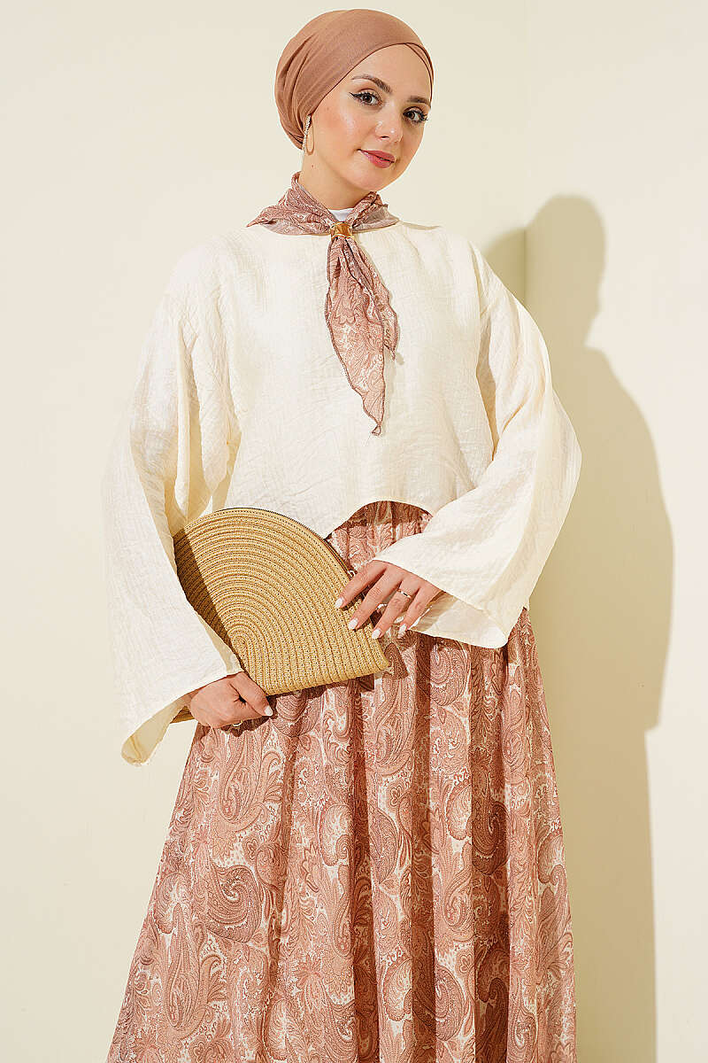 Ethnic Print Skirt Set with Scarf - Camel