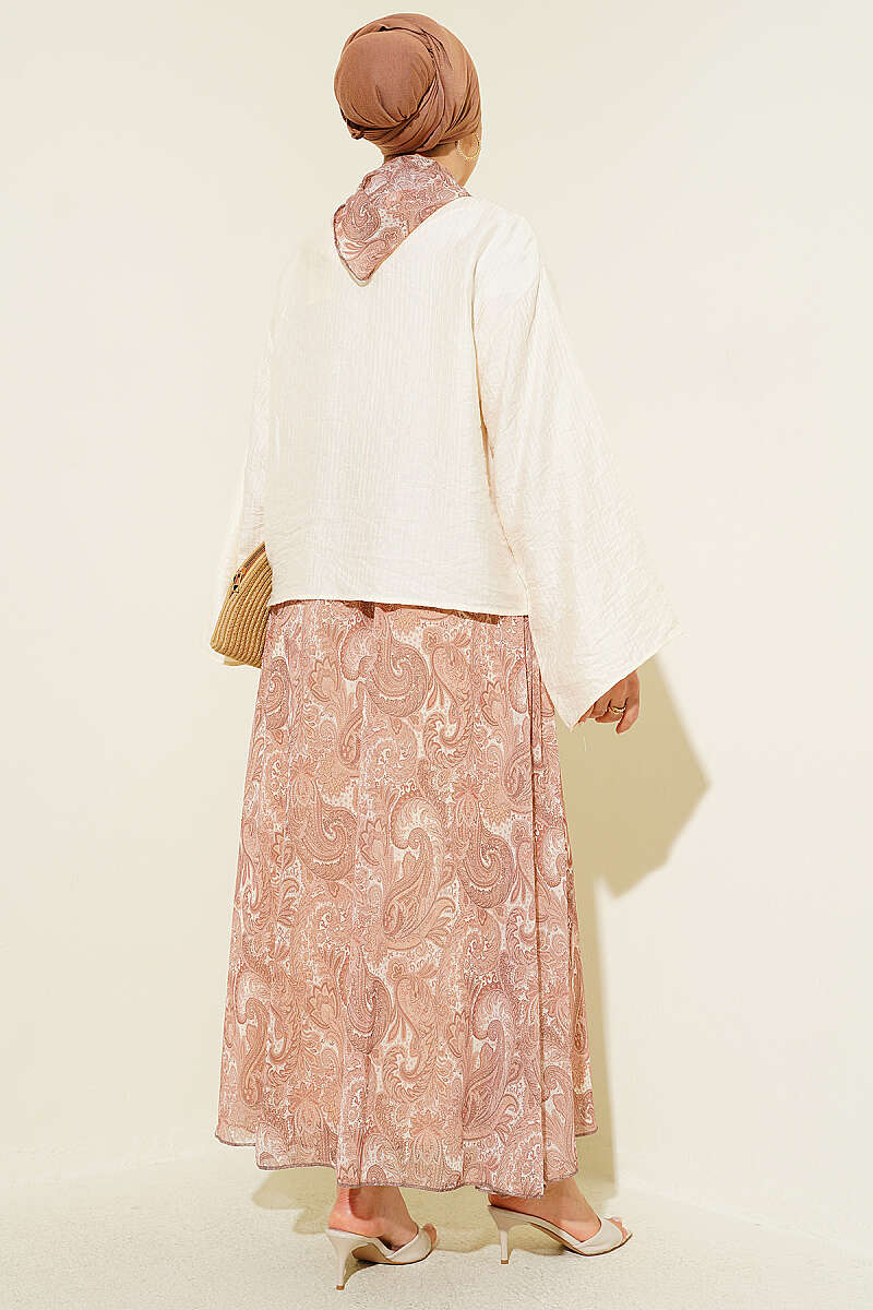 Ethnic Print Skirt Set with Scarf - Camel
