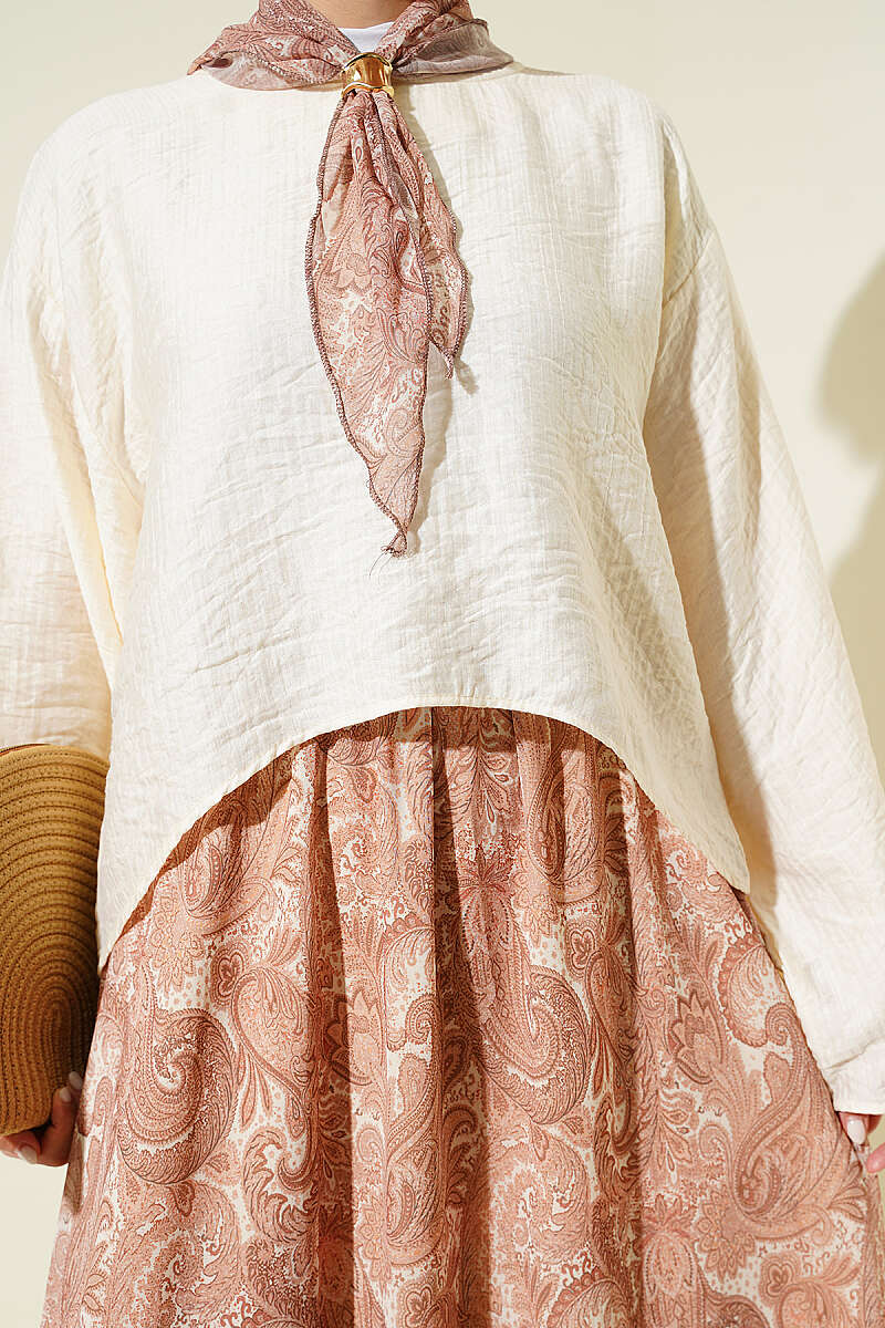 Ethnic Print Skirt Set with Scarf - Camel