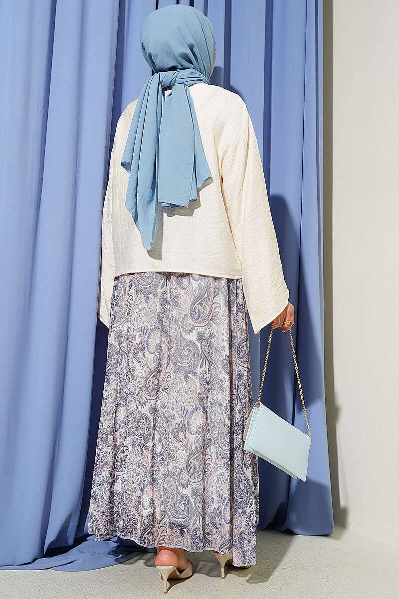 Ethnic Print Skirt Set with Scarf - Blue