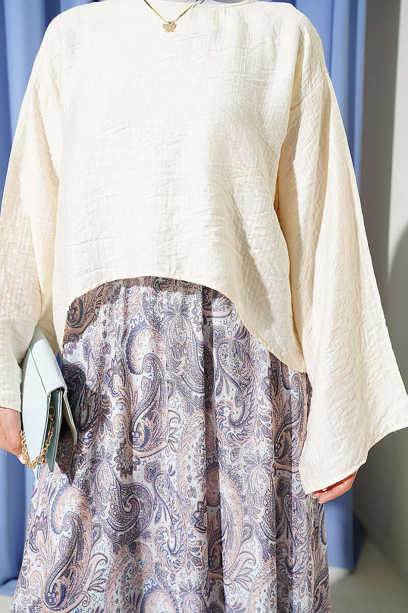 Ethnic Print Skirt Set with Scarf - Blue