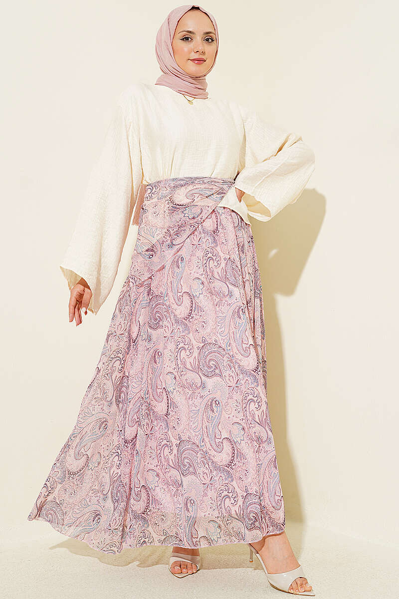 Ethnic Print Skirt Set with Scarf - Pink