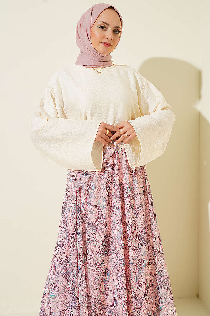 Ethnic Print Skirt Set with Scarf - Pink