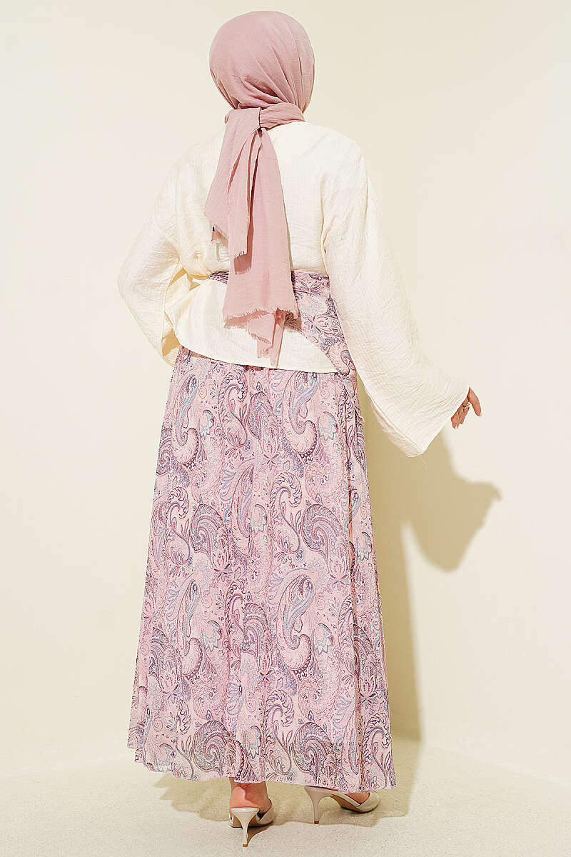 Ethnic Print Skirt Set with Scarf - Pink