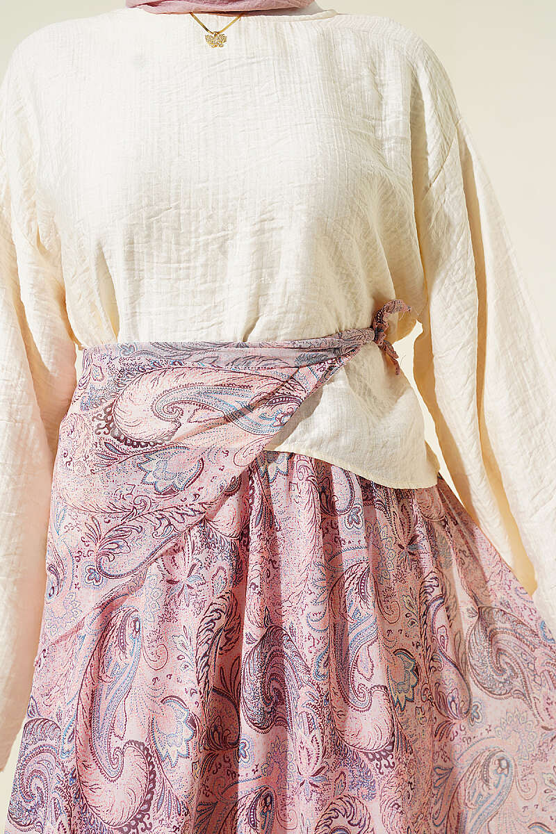 Ethnic Print Skirt Set with Scarf - Pink