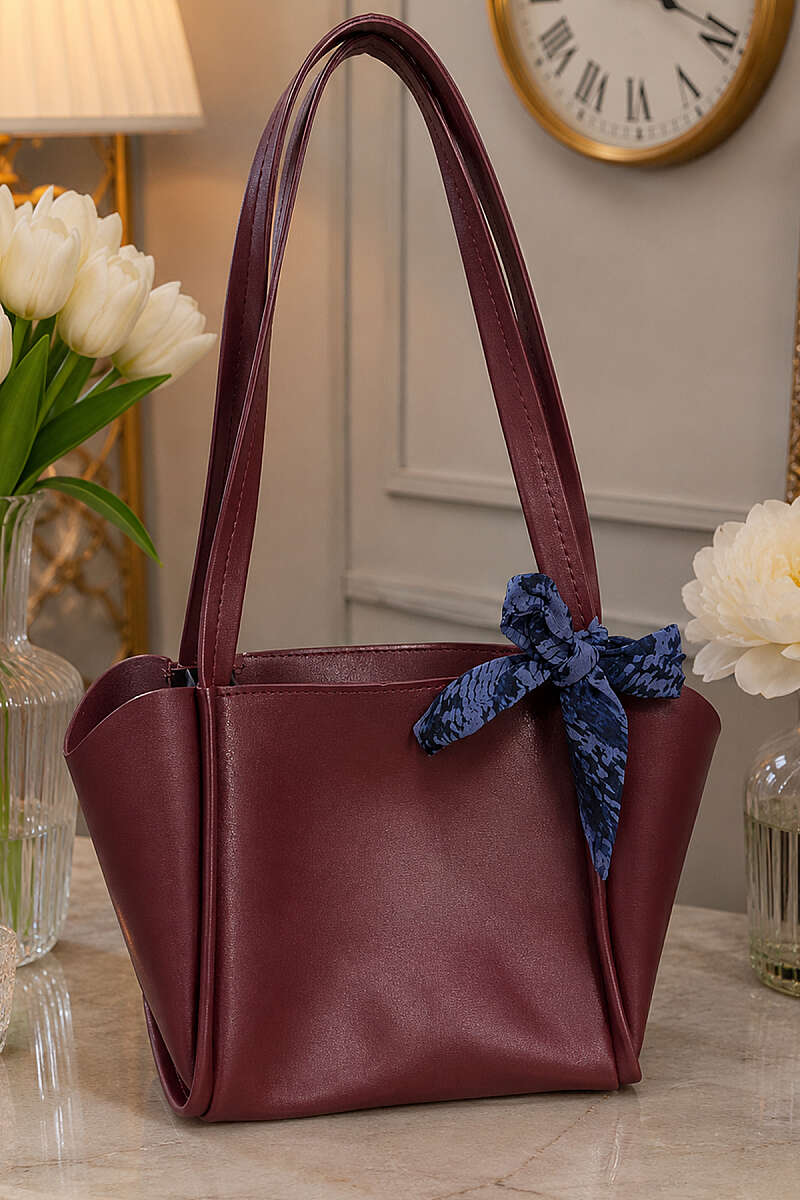 Square Zip Shoulder Bag with Scarf - Burgundy