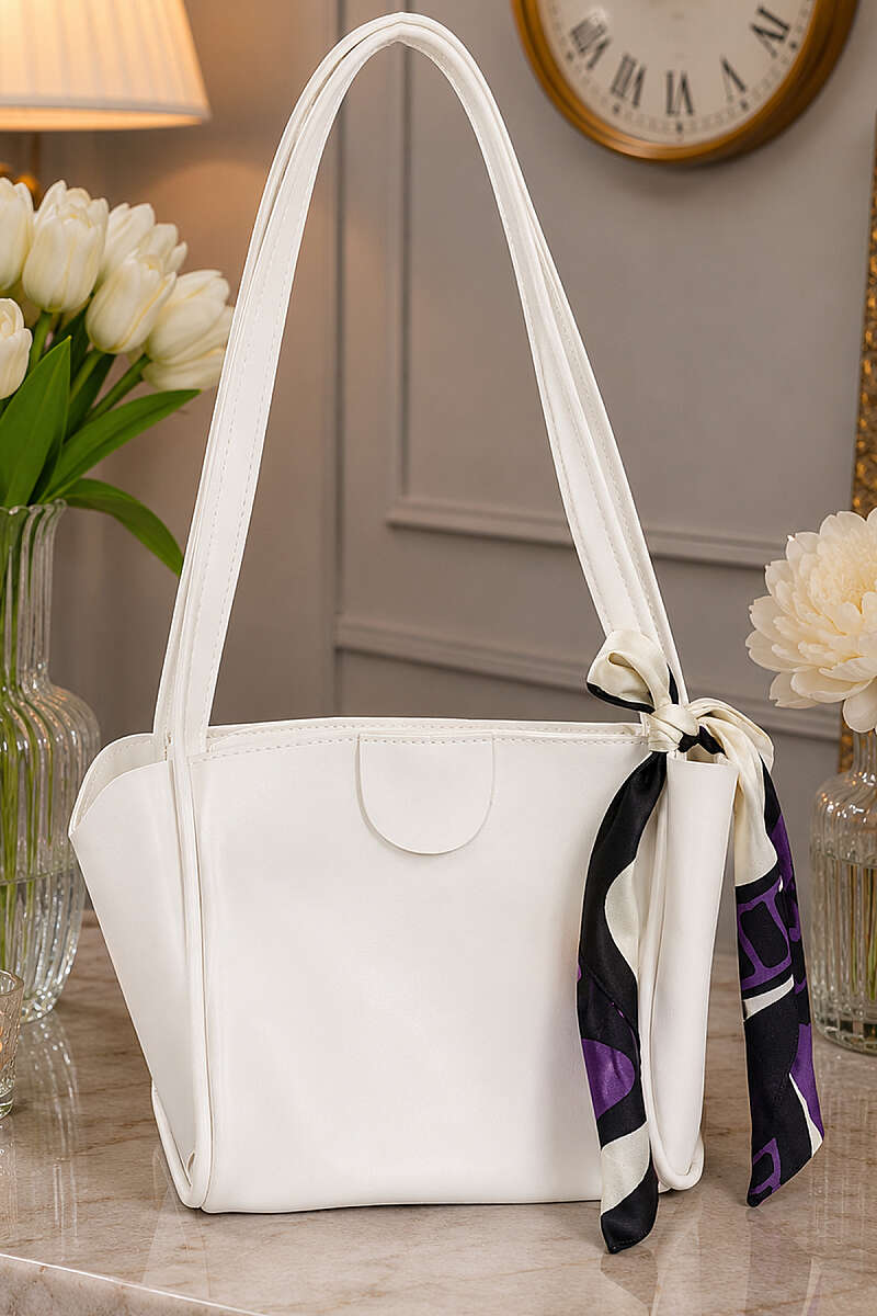 Square Zip Shoulder Bag with Scarf - Ecru