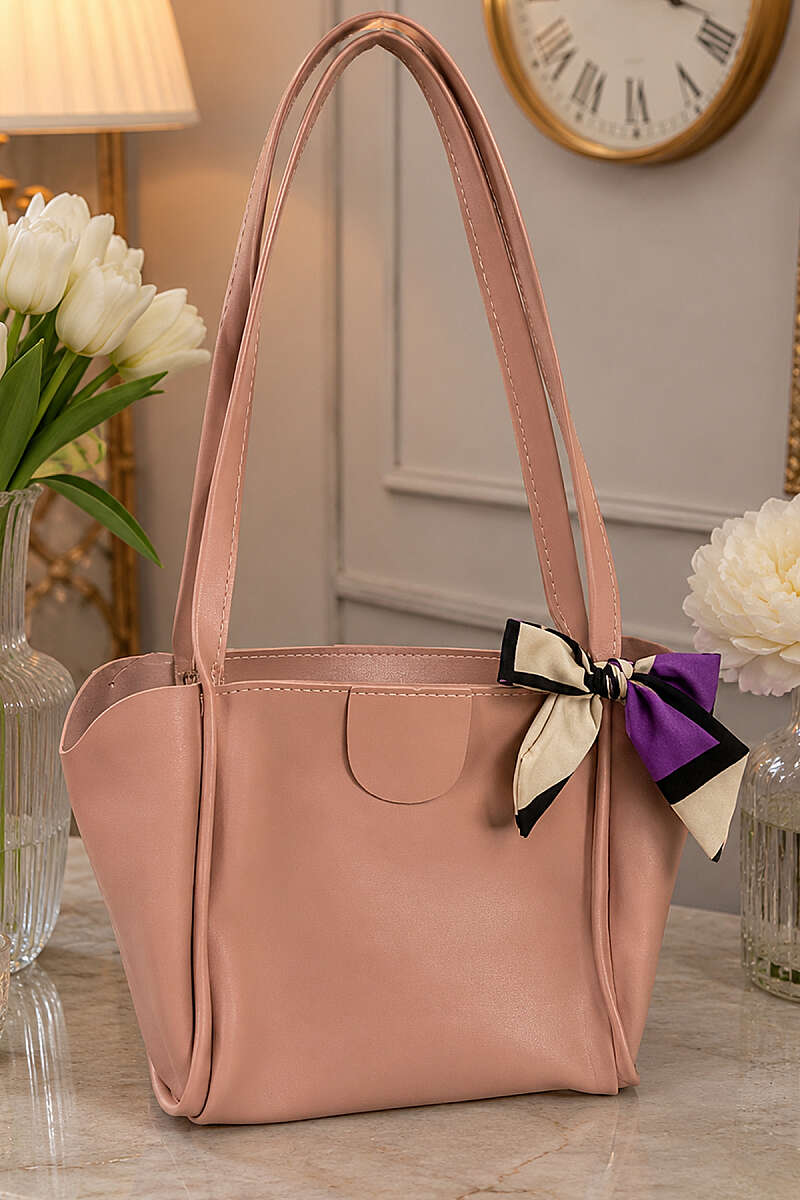Square Zip Shoulder Bag with Scarf - Powder