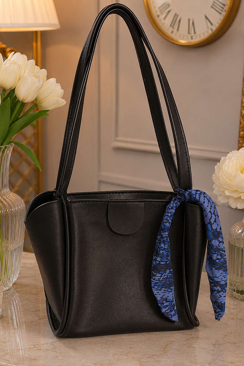 Square Zip Shoulder Bag with Scarf - Black