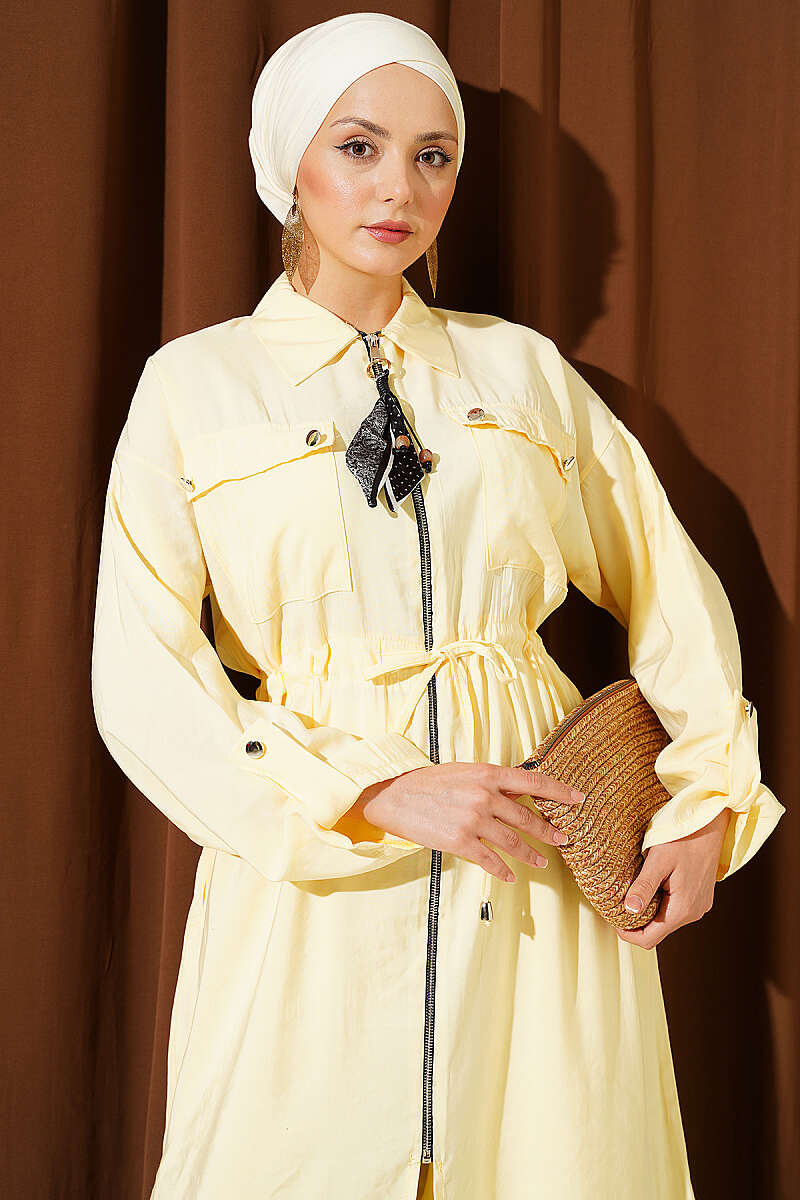 Modal Long Tunic Set with Zip and Scarf - Yellow