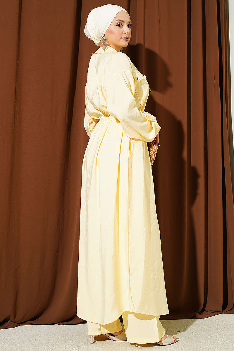 Modal Long Tunic Set with Zip and Scarf - Yellow