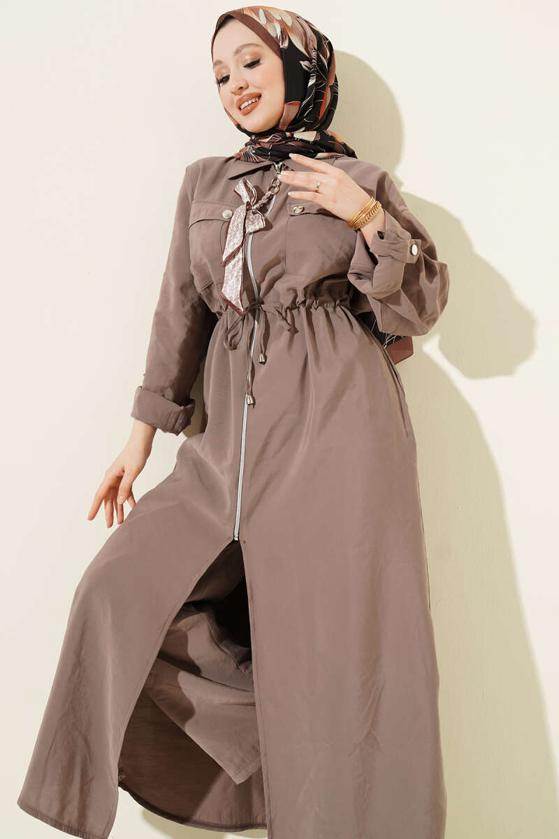 Modal Long Tunic Set with Zip and Scarf - Mink