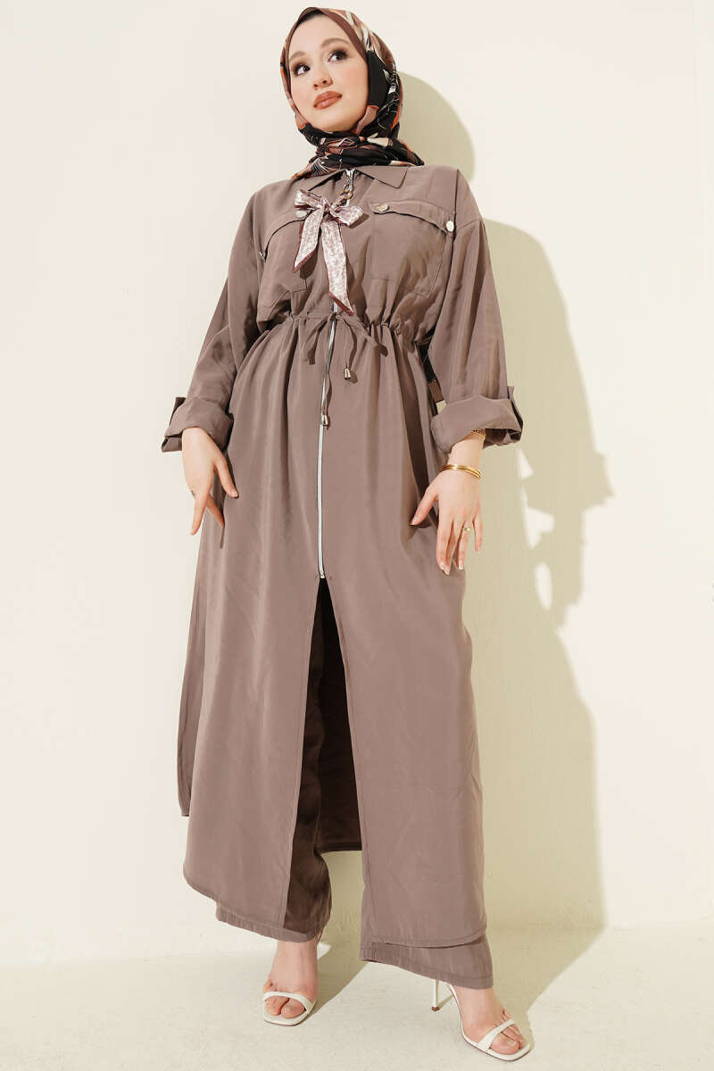Modal Long Tunic Set with Zip and Scarf - Mink