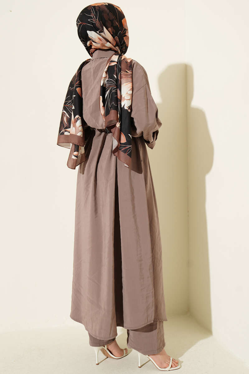Modal Long Tunic Set with Zip and Scarf - Mink