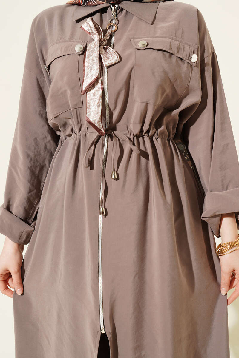 Modal Long Tunic Set with Zip and Scarf - Mink