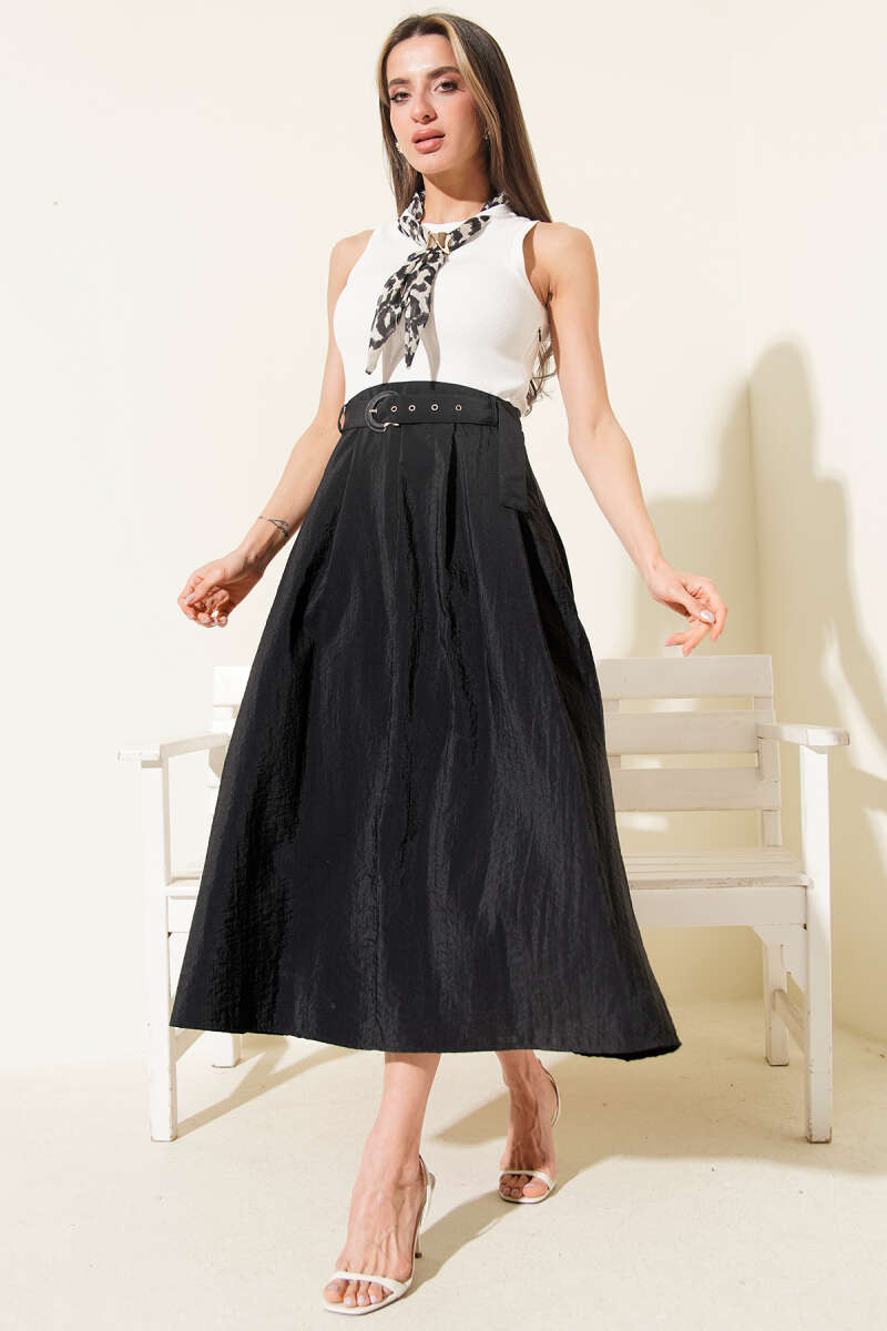 Sleeveless Midi Dress with Scarf Trim - Black