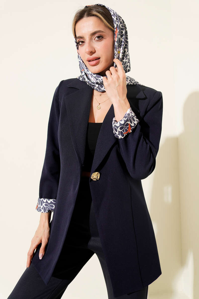 Jacket with Scarf and Gold Buttons - Navy