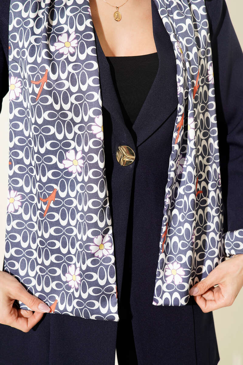 Jacket with Scarf and Gold Buttons - Navy