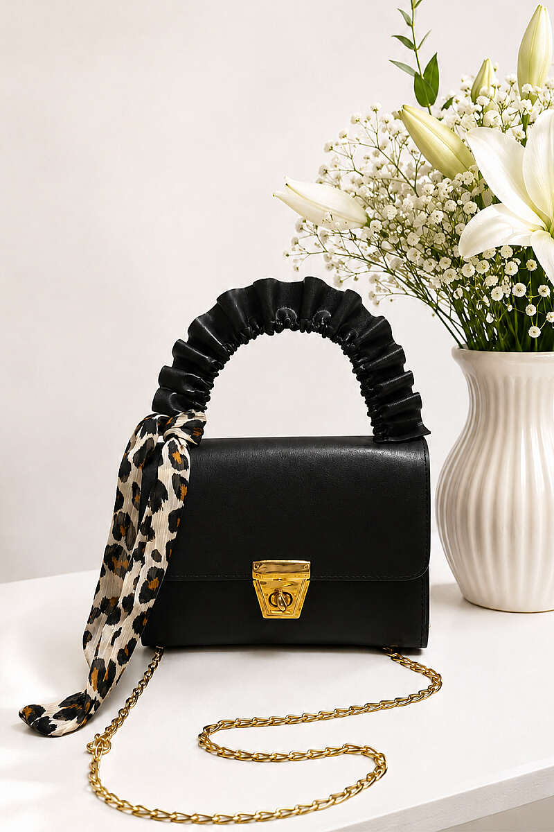 Handbag with Scarf and Gold Lock Detail - Black