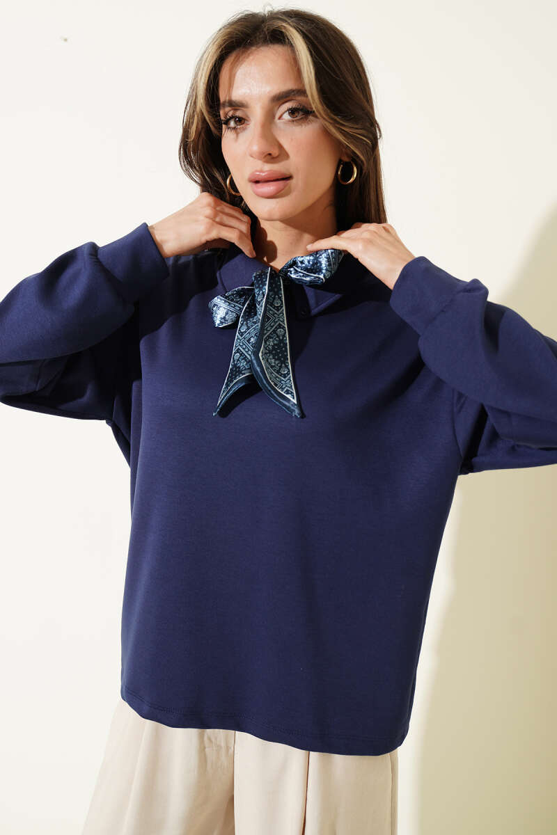 Loycha Shirt-Collar Sweatshirt with Scarf - Parliament Blue