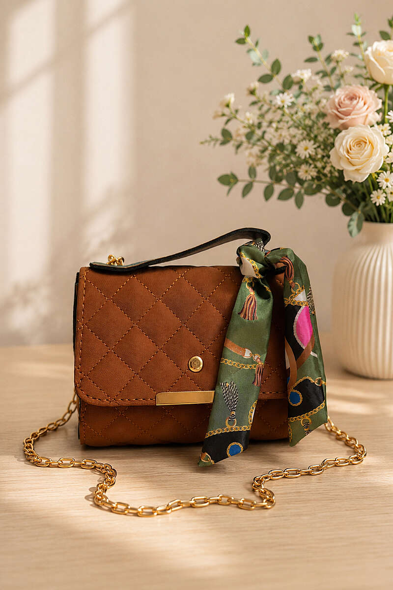 Quilted Box Bag with Scarf - Tan